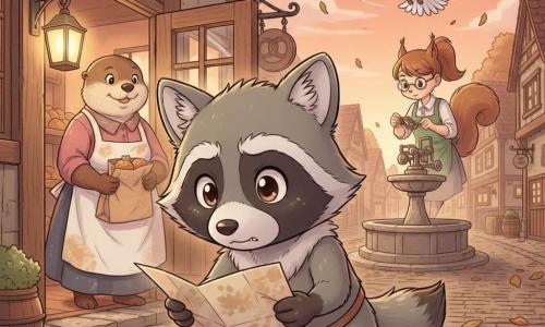 Milo, een kleine wasbeer met ronde glanzende ogen, grijze vacht en zwart masker, houdt in zijn linkerpoot een met meel bevlekte gevouwen kaart; hij kijkt nieuwsgierig en licht nerveus, lichaam naar voren gebogen alsof hij een stap zet. Mevrouw Otter, een vrolijke, ronde bakkerotter met bebloemd schort, staat in de deuropening van de warme houten bakkerij links achter Milo en houdt een papieren zak vast waaruit de kaart is gevallen. Rina, een slanke eekhoorn-uitvinder met paardenstaart en ronde bril, is zichtbaar door het raam van haar atelier op de tweede achtergrond en werkt geconcentreerd aan een klein tandradmachientje terwijl ze nieuwsgierig naar buiten kijkt. Duifje Daan, een witte duif met licht gespreide vleugels, cirkelt drie precieze rondjes boven de fontein op de achtergrond. Kasseienstraat, warme gevel met geschilderd uithangbord, gele lantaarn die een zacht halo werpt, vallende herfstbladeren. Hoofdscène: Milo ontdekt een mysterieuze kaart die uit de broodzak steekt, een stilgezet keuze-moment op de drempel van een klein mysterie, verlicht door de lamp, warme contrasterende kleuren en duidelijke lijnen in manga-stijl, dicht op Milo met straatdiepte.