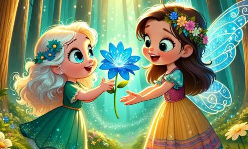 Una piccola fata di nome Lilla, con ali scintillanti e capelli ondulati di un blu brillante, sorride gioiosamente mentre porge un fiore azzurro a una bambina. Lilla è circondata da luci scintillanti e fiori colorati, e il suo volto esprime felicità e magia. Clara, una bambina di circa 8 anni, con occhi curiosi e capelli castani ondulati, guarda il fiore con meraviglia. Indossa un vestito colorato e si trova vicino a Lilla, con le mani aperte, pronta a ricevere il dono magico. La scena si svolge in un bosco incantato, dove alberi alti e verdi si ergono come guardiani e i fiori brillano come stelle nel cielo notturno. La luce del sole filtra attraverso le foglie, creando un'atmosfera magica. La situazione principale mostra Lilla mentre consegna il fiore azzurro a Clara, simboleggiando amicizia e magia, mentre luci scintillanti danzano attorno a loro, rendendo il momento ancora più speciale.
