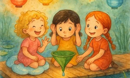 Ci sono 3 personaggi: - Una bambina di nome Lilla, quasi quattro anni, con capelli biondi ricci e un sorriso birichino, alza quattro dita ridendo. È seduta su un cuscino a forma di nuvola, a sinistra. - Una bambina di nome Nena, quasi quattro anni, con capelli castani corti e occhi curiosi, ascolta attentamente con le mani a forma di orecchie giganti. È al centro, concentrata sull'imbuto di foglia. - Una bambina di nome Pina, quasi quattro anni, con capelli rossi intrecciati e lentiggini, guarda la lanterna verde ridendo. È a destra, tenendo la mano di Lilla. Il luogo è un pontile di legno sospeso sopra uno stagno calmo. Lanterne rotonde e colorate, rosse, gialle, verdi e blu, sono sospese sopra, creando un'atmosfera fiabesca. Il pontile è circondato da ninfee e canne che danzano dolcemente al vento. La situazione principale mostra le tre bambine sedute sul pontile, ascoltando una goccia cadere in un imbuto di foglia. Le lanterne brillano dolcemente, illuminando i loro volti meravigliati. L'atmosfera è calma e magica, con riflessi di luce nell'acqua dello stagno.
