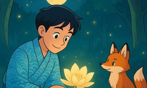 Um homem chamado Kaito, na casa dos trinta anos, está no centro do palco, com olhos brilhantes e um sorriso suave, vestindo um quimono azul claro decorado com padrões de ondas. Ele se inclina respeitosamente para uma linda flor amarelo pálido que se abre lentamente à sua frente, com uma expressão que mistura admiração e serenidade. Ao seu lado, uma raposa de pelagem avermelhada, com uma cauda fofa e olhos travessos, observa a flor com curiosidade, sentada em uma pedra lisa. O cenário é uma clareira encantada, cercada por grandes árvores de troncos retorcidos, cujas folhas brilham sob a luz da lua, criando uma atmosfera mágica. Vaga-lumes dançam ao redor, adicionando toques de luz dourada à noite. A cena principal mostra Kaito descobrindo a flor rara que só se abre à luz da lua, um momento de conexão profunda com a natureza, onde ele aprende a respeitar e apreciar a beleza efêmera da vida.