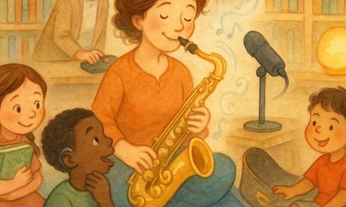 Eine freundliche, lächelnde Musikerin mit sanftem Gesicht und kastanienbraunen Haaren zu einem lockeren Dutt hält ein goldenes, honigglänzendes Saxophon und spielt ruhig, auf einem großen blauen Kissen sitzend; ein etwa siebenjähriger Junge mit grauem Hörgerät steht neben ihr und legt die Hand an den Hals, um die Vibration zu spüren, erstauntes Gesicht und kurze lockige Haare; ein etwa sechsjähriges Mädchen mit braunen Zöpfen sitzt links, ein großes Bilderbuch an die Brust gedrückt, vorgebeugt mit erwartungsvollen Augen und leisem Lächeln; ein etwa fünfjähriger Junge auf einem Kissen rechts wippt mit zappelnden Beinen und tippt mit einem Finger den Rhythmus, schelmischer Ausdruck; die Bibliothekarin, etwa 30, mit zusammengebundenen Haaren und runden Brillen, drückt ein kleines schwarzes Aufnahmegerät mit einem roten Leuchtknopf, im Hintergrund eine warme gelbe Monde-Lampe; die gemütliche Bibliotheksecke zeigt helle Holzregale, bunte Kissen (blau, senf, grün), ein stehendes schwarzes Mikrofon und eine offene Saxophontasche, während eine Podcast-Aufnahme läuft (rote Lampe an) und das Saxophon einen langen Ton in aquarelligen Wirbeln abgibt, die Kinder beteiligen sich unterschiedlich, warme, inklusive Atmosphäre mit sanften Farben und verschwommenen Aquarelltexturen.