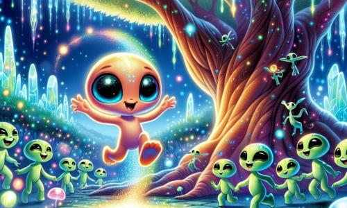 Un pequeño extraterrestre luminoso, del tamaño de un niño, con grandes ojos brillantes y una piel suave que cambia de color, expresa una inmensa alegría saltando en el aire, su cola centelleante dejando un rastro de luz colorida. A su lado, un grupo de criaturas esbeltas, con pieles verdes y turquesas, emiten destellos de luz, mostrando sonrisas cálidas y ojos chispeantes de emoción, mientras bailan alrededor de un árbol antiguo cuyas hojas brillantes cuentan historias. El escenario es un paisaje de ensueño de Zorphenia, con montañas de cristal brillando bajo un cielo vibrante de colores cambiantes, donde burbujas flotantes y flores luminosas añaden un toque mágico. La escena representa el momento en que el extraterrestre y sus nuevos amigos Zorphens celebran su amistad creando un espectáculo de luces y melodías, uniendo sus culturas en una danza alegre.
