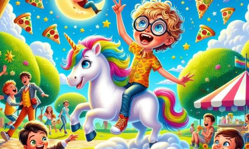 Sunt trei băieți: Doru, un băiat de 10 ani cu părul creț și ochelari rotunzi, stă pe un unicorn din nori, râzând cu poftă. Lângă el, Alex, un băiat de 9 ani cu părul blond și un tricou colorat, face grimase ținând o cutie magică. În sfârșit, Mihai, un băiat de 10 ani cu părul brun și un zâmbet strălucitor, stă pe sol, înconjurat de pizza ciudate care plutesc în jurul lui, cu ochii mari de surpriză. Decorul este un parc însorit, plin de copaci cu frunze verzi strălucitoare, flori colorate și un cer albastru cu nori pufoși. În fundal, se vede un chioșc cu înghețată, cu copii care râd și se joacă. Scena principală îl arată pe Doru pe unicornul său, râzând din toată inima, în timp ce Alex încearcă să facă un hamster în costum să danseze, iar Mihai, uimit, urmărește pizza care se transformă sub ochii săi. Atmosfera este veselă și magică, plină de râsete și culori strălucitoare.