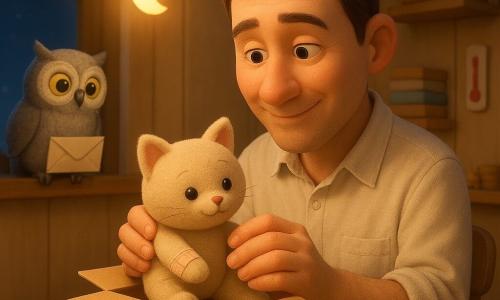 Pan Marek, dorosły mężczyzna, uśmiechnięty i spokojny, krótkie brązowe włosy, lekko pognieciony biały fartuch, siedzi na małym drewnianym krześle i delikatnie otwiera tekturowe pudełko z dziurkami; nie ma chłopca — jedyną postacią ludzką jest dorosły mężczyzna. Szara sowa o dużych, okrągłych oczach trzyma kopertę w szponach i siada na lewym parapecie, obserwując scenę. Mały beżowy pluszowy kotek z opatrunkiem na łapce leży na stole badawczym przed Markiem. Pomieszczenie to niewielka nocna klinika: wisząca lampa świecąca jak maleńki księżyc, jasne drewniane ściany, półki z czerwonym termometrem, złożonymi kocami i pudełkami z kolorowymi naklejkami. Główna scena pokazuje Marka, który delikatnie się uśmiecha i ostrożnie bierze pluszaka, by go zbadać; pudełko z dziurkami jest otwarte na stole, ciepłe światło, kojąca i łagodna atmosfera. Styl wizualny: pastelowe kolory, miękkie pluszowe tekstury, ciepłe oświetlenie i łagodne kontrasty, trójwymiarowy rendering w stylu filmu animowanego dla dzieci.