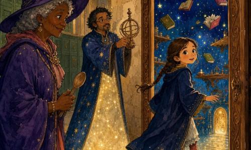 Lara, aprendiz de bruxa de 7 anos, tímida e maravilhada, com trança castanha e capa azul-marinho amassada, toca com a ponta dos dedos um grande quadro que se abre como porta; à esquerda, uma professora bruxa de ~70 anos, rosto enrugado e sorriso meigo, chapéu pontudo roxo e colher de pau no centro de um corredor escolar acolhedor de paredes de pedra ocre e armários verdes; atrás de Lara, um pesquisador de astros de ~50 anos, óculos redondos e túnica estrelada, desce num trapézio de luz apontando um astrolábio para o quadro que revela uma sala secreta cheia de estrelas suspensas, livros voadores de capas coloridas, mesas flutuantes de carvalho e uma porta dourada no chão; a cena principal mostra Lara já com uma perna dentro da sala estrelada, expressão de espanto luminoso e coragem nascente; paleta vibrante de azuis profundos, ouros quentes, verdes musgo e toques de rosa coral, com textura de tinta úmida, traços finos e sombras suaves.