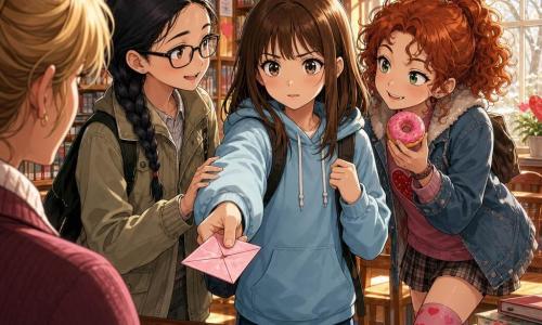 Three 12-year-old girls in a bright school library decorated for Valentine's Day: Mina, center and slightly forward, mid-length brown hair with bangs, sky-blue hoodie, determined gaze, offering a small folded pink note to a teacher; Jules, left of Mina, 12, black hair in a tight braid, rectangular glasses, clean khaki jacket, calm expression, softly speaking to the teacher with her hand on Mina’s arm; Tessa, right of Mina, 12, curly red hair, visible novelty socks, holding a pink-frosted donut and grinning mischievously to lighten the mood, leaning forward. The library has light wood shelves filled with books, an oak table in the foreground, red and pink paper heart garlands, tall windows with warm winter light, and scattered Valentine's cards. The scene is warm and tender, the girls offering the pink note together with gentle, relieved expressions, conveying camaraderie and encouragement amid bright pink, red and sky-blue colors and mixed textures of crumpled paper, polished wood and cozy fabrics.