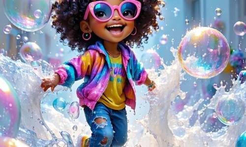 Petunia Puddlefrost, an 11-year-old girl with curly, messy hair, wears a colorful outfit made of mismatched clothing and oversized sunglasses. She has a big smile, overflowing with excitement and determination, as she dances on a giant sheet of bubble wrap, creating bursts of bubbles under her feet. Next to her, Mr. Whiskerbottom, an orange cat with sparkling eyes, perches on her head, adding a touch of mischief to the scene. The setting is an outdoor stage adorned with colorful garlands and floating balloons, surrounded by a joyful crowd that applauds and laughs. The background features trees with shiny green leaves and a bright blue sky dotted with fluffy clouds. The main situation shows Petunia performing her hilarious act, jumping and dancing on the bubble wrap, while bubbles pop around her, creating an atmosphere of joy and lightness, with laughter echoing in the air.