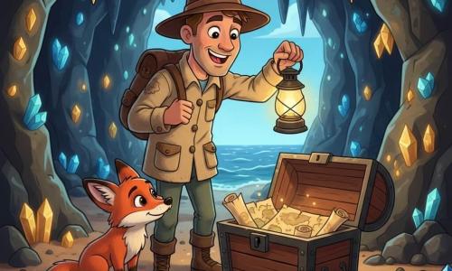 A smiling ~35-year-old explorer in a brown hat and worn jacket holds a lit lantern and gently opens an old wooden chest in a coastal cave; a small curious red fox named Rusty with bright eyes sits beside the chest sniffing a protruding map and looks at the man trustingly; blue and gold crystals and glittering stalactites light the cave, damp sand underfoot and distant waves are visible at the entrance, and the lantern’s warm light reveals old maps and scrolls, creating a magical, intimate moment of discovery.