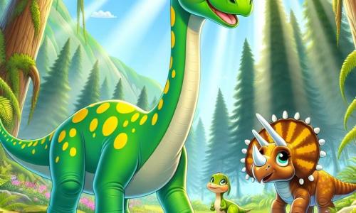 A diplodocus named Daisy, with bright green skin and yellow spots, stands proudly at the center of the scene, her long neck stretching towards the sky. She has sparkling eyes full of curiosity and a wide smile showing her enthusiasm. Beside her, a small triceratops named Toby, with bright orange skin and three white horns, looks on in admiration, his round eyes filled with excitement. A little further away, a young ankylosaurus named Lily, with a brown shell and spines on her back, watches with a worried expression, stuck behind a large tree trunk. The scene takes place in Deep Fern Forest, where large green ferns surround majestic trees with thick trunks, and rays of sunlight pierce through the foliage, illuminating the flower-strewn ground. In the center, Daisy and Toby are preparing to help Lily out of her predicament, while a mysterious glowing jungle heart floats above them, emitting a gentle magical glow.