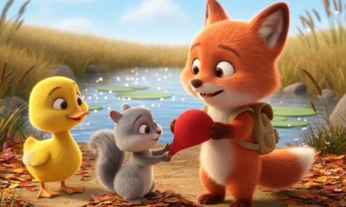 A small red fox with soft fur and round eyes smiles, relieved, holding its red hat between its paws and wearing a beige canvas satchel in a sunlit clearing, facing a shy but happy gray squirrel that offers the hat while sitting on a pile of brown and orange leaves; a curious yellow duck stands by a bright pond to the left; the ground is strewn with autumn leaves and wildflowers, the pond reflects the blue sky and lilies with tall grasses at the edge; warm, bright, peaceful scene with saturated colors, soft textures, and a rounded, childlike 3D style.