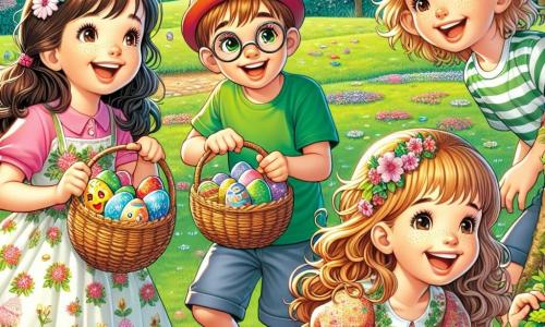 In a green field, four friends are preparing for an Easter egg hunt. Mia, an 8-year-old girl with curly brown hair, wears a colorful flower-adorned dress and holds a wicker basket filled with painted eggs, smiling joyfully. Oliver, a 9-year-old boy with blond hair and round glasses, is crouching, searching for an egg hidden behind a flowering bush, dressed in a green t-shirt and blue shorts. Benny, an 8-year-old boy with brown hair and a red cap, stands laughing and showing off a funny-faced egg he found in the grass. Zoe, a 7-year-old girl with long smooth hair in pigtails, is wearing a pink top and yellow shorts, painting an egg with sparkling stars. The sunny field is filled with colorful flowers and a large tree in the center, its branches heavy with green leaves. Multicolored Easter eggs are scattered in the grass under a bright blue sky dotted with fluffy white clouds. The main scene shows the friends joyfully hunting for eggs, discovering hidden treasures while enjoying the beauty of spring.