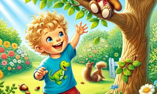 A 4-year-old boy with curly golden hair stands at the foot of a large apple tree. He has a big smile on his face, his eyes sparkling with excitement, and he wears a blue t-shirt with a dinosaur on it and red shorts. He is reaching up with his arms, trying to grab his teddy bear, Mr. Teddy, who is sitting on a branch with a small red bow tie. Next to him, a mischievous squirrel with brown fur and a bushy tail watches curiously while nibbling on an acorn, perched on another branch just above the boy. The setting is a sunny garden filled with colorful flowers and green grass, with sunlight filtering through the tree's leaves. The main scene shows the little boy eagerly climbing to retrieve his stuffed friend, Mr. Teddy, who looks happy and a bit cheeky, as if he has decided to go on an adventure in the tree.