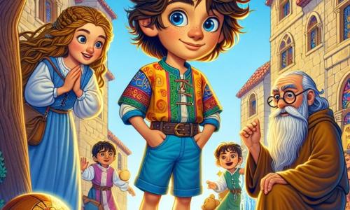 Um garoto de 12 anos, chamado Miguel, está no centro da imagem, com cabelos castanhos bagunçados e olhos brilhantes de curiosidade. Ele usa uma camisa colorida e um short, e seu rosto expressa excitação e admiração ao descobrir um mundo medieval. À sua direita, uma garota da mesma idade, com longas tranças douradas e um vestido de linho azul, sorri calorosamente enquanto segura uma bola de couro, pronta para brincar. À esquerda, um velho sábio com uma longa barba branca e óculos redondos, vestido com uma túnica de monge, observa a cena com um sorriso benevolente, sentado sob um grande carvalho. O cenário é uma charmosa praça medieval, cercada por casas de pedra com telhados de cerâmica vermelha, com bandeiras coloridas flutuando ao vento. Crianças brincam ao redor de uma fonte de mármore, enquanto um céu azul brilhante ilumina a cena. A situação principal mostra Miguel, emergindo de uma luz brilhante, segurando uma pedra preciosa, pronto para unir as crianças do reino para um grande torneio, simbolizando amizade e colaboração.