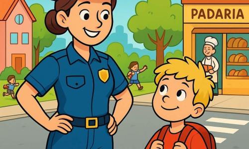 Uma policial sorridente, com cerca de trinta anos, cabelos castanhos presos em um coque, veste um uniforme azul brilhante e um distintivo reluzente. Ela está em pé, com as mãos na cintura, com um olhar determinado e benevolente, pronta para ajudar. Ao lado dela, um menino de 8 anos, com cabelos loiros desgrenhados, segura uma mochila vermelha e observa a policial com admiração, os olhos brilhando de excitação. A cena acontece em uma rua movimentada de um bairro colorido, com casas de fachadas em tons pastel, árvores verdes e crianças brincando na calçada. Ao fundo, um padeiro sorridente tira pães quentes de sua padaria, enquanto uma senhora idosa com um chapéu florido atravessa a rua sorrindo. A policial acaba de receber um chamado urgente para ajudar uma criança perdida e está prestes a sair correndo, determinada a encontrar o menino.
