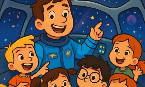 Um homem piloto, chamado João, com cabelos castanhos bagunçados e um grande sorriso entusiasmado, está sentado na cabine de sua nave espacial. Ele veste um traje espacial azul brilhante, adornado com patches coloridos representando estrelas e planetas. Ao seu lado, um grupo de quatro crianças, dois meninos e duas meninas, com idades entre 8 e 10 anos, observa maravilhado através dos janelões. O primeiro menino, com cabelos loiros e olhos brilhantes, aponta para uma estrela cadente. A primeira menina, com tranças castanhas e um sorriso radiante, segura um pequeno caderno para desenhar o que vê. O segundo menino, com óculos e cabelos negros bagunçados, está fascinado por um holograma de planeta que flutua diante dele. A segunda menina, com cabelos ruivos e sardas, pula de alegria, ansiosa para descobrir o espaço. A cena ocorre na cabine da nave, cheia de botões luminosos e telas exibindo mapas estelares. Do lado de fora, um céu estrelado se estende até onde a vista alcança, salpicado de planetas coloridos e nebulosas cintilantes. A situação principal mostra João e as crianças decolando em direção ao infinito, cercados por nuvens de cores vivas, com estrelas brilhantes cintilando ao seu redor.