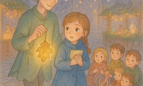 O personagem principal é um elfo masculino de rosto fino, orelhas pontiagudas e cabelos verde-musgo, segurando uma pequena lanterna feita de folha de carvalho que emite luz dourada enquanto caminha calmamente; Lina, uma menina de cerca de 9 anos com trança castanho-claro e sobretudo azul-pó, olha aliviada para a lanterna e aperta um pequeno pergaminho dobrado contra o peito ao lado do elfo; alguns filhos humanos sentam-se em semicírculo junto a um poço espelhado compartilhando fitas coloridas, maravilhados; o cenário é um mercado noturno feérico com ruas de paralelepípedos brilhantes, lanternas de papel em tons pastéis, barracas de madeira cobertas de musgo luminoso e uma fonte espelhada refletindo bolhas prateadas; a cena principal mostra o elfo guiando Lina para fora da praça depois que ela escolheu um azul pálido, com luz suave, sombras longas e atmosfera calma e acolhedora, vapor de chá, migalhas de pão partilhado e pequenas estrelas flutuantes.