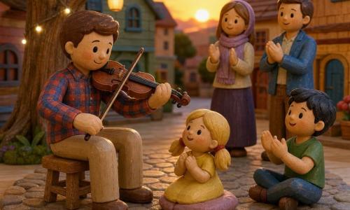 Tomás, homem sorridente e sereno, cabelos castanhos curtos, pele clara, camisa xadrez vermelha e azul e calça bege, sentado num banquinho de madeira tocando um violino pintado, olhar doce; uma menina de 6 anos, cabelos loiros em maria-chiquinha, vestido amarelo, sentada na frente num almofadão com as mãos juntas e rosto maravilhado junto ao pé esquerdo de Tomás; um menino de 8 anos, cabelos pretos e camiseta verde, sentado de pernas cruzadas à direita batendo palmas com entusiasmo; dois adultos ao fundo — mulher de ~30 anos com lenço mauve e homem de ~40 com jaqueta azul — sorrindo e aplaudindo suavemente; praça da aldeia pavimentada com pedras arredondadas, casas de madeira coloridas em tons suaves, lanternas penduradas e uma grande árvore com luzes; pôr do sol com luz dourada, sombras longas, atmosfera quente e tranquila, concerto íntimo ao ar livre com o músico tocando baixinho e o público atento e iluminado.