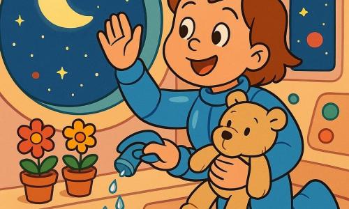 A young joyful woman with a round face and short brown hair wears a shiny blue spacesuit, smiling widely as she floats near a large round window, holding a slightly rumpled beige teddy bear with sewn eyes against her chest; the bear looks toward the window with limp arms. In the background, small potted flowers with red and yellow petals sit on a white dashboard while the woman gently pours water from a small clear bottle, clear drops falling like beads. The interior is a soft, rounded spaceship with pastel walls, red and green round buttons, a simple screen showing twinkling stars, and a large window revealing a starry sky, a bright moon, and a small red planet. The main scene shows her floating and waving at the moon with a radiant, amazed expression, bathed in soft light and warm colors, creating a calm, safe atmosphere.