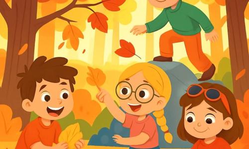 Há 4 crianças: - Lucas: um menino de 8 anos, com cabelos castanhos bagunçados e olhos brilhantes de curiosidade. Ele está agachado, segurando uma folha amarela nas mãos, com um grande sorriso no rosto. - Sofia: uma menina de 8 anos, com longos cabelos loiros trançados e óculos redondos. Ela está em pé ao lado de Lucas, apontando para uma folha vermelha presa a um galho, com um ar entusiasmado. - Miguel: um menino de 9 anos, com cabelos negros e bochechas rosadas, que usa um suéter verde. Ele está subindo em uma pedra, olhando ao redor com um olhar aventureiro. - Clara: uma menina de 8 anos, com cabelos castanhos e óculos de sol na cabeça. Ela está sentada no chão, desenhando em seu caderno com um lápis, cercada por folhas coloridas. O cenário se passa em uma floresta de outono, onde as árvores são majestosas, suas folhas vibrantes de vermelho, laranja e amarelo caem suavemente no chão. O solo está coberto por um tapete de folhas crocantes, e raios de sol penetram através dos galhos, criando uma atmosfera acolhedora e mágica. A situação principal mostra as crianças em plena exploração, maravilhadas com a beleza da natureza. Lucas e Sofia descobrem folhas coloridas, enquanto Miguel escala uma pedra para ver melhor, e Clara desenha com paixão tudo o que observa ao redor.