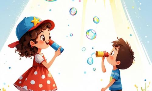 O fată de 12 ani, Clara, se află în centrul imaginii, cu părul castaniu creț și un zâmbet mare pe față, purtând o rochie adorabilă cu buline și o căciulă mică cu o stea galbenă. Ea suflă într-un tub de hârtie, concentrată și plină de entuziasm, în timp ce un imens balon de săpun colorat se formează deasupra ei, strălucind sub soare. La dreapta ei, prietenul său Lucas, un băiat de 11 ani cu ochelari rotunzi și părul blond ciufulit, o încurajează ridicând brațele, cu ochii larg deschiși de surpriză și admirație. El poartă un tricou albastru și o pereche de pantaloni scurți verzi, stând pe vârfuri, ca și cum ar dori să vadă balonul mai de aproape. Fundalul este o frumoasă curte verde, plină de flori colorate și copaci măreți, cu un cer albastru deschis presărat cu câteva nori albi pufoși. În fundal, se zărește un gard vechi din lemn și o mică grădină. Situația principală o arată pe Clara creând un imens balon de săpun, fața ei strălucind de bucurie și determinare, în timp ce vântul începe să ridice balonul, pregătit să zboare în aer.