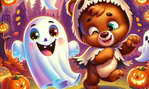 Un piccolo orso bruno di nome Bruno, con un pelo morbido e occhi brillanti di curiosità, balla gioiosamente in una radura illuminata da lanterne a forma di zucca. Indossa un costume da fantasma fatto con una vecchia coperta, con un grande sorriso sul viso, mostrando il suo entusiasmo per Halloween. Accanto a lui, un piccolo fantasma di nome Pippo, traslucido e sorridente, fluttua nell'aria, i suoi occhi brillano di eccitazione. Fa gesti di danza, incoraggiando Bruno a unirsi a lui. Un grande orso bruno di nome Gino, travestito da mostro amichevole con una maschera di teschio, sta un po' indietro, ridendo e tenendo un grande piatto di caramelle colorate, pronto a condividere le sue dolcezze. La scena si svolge in una foresta incantata, dove gli alberi sono adornati di ragnatele scintillanti e foglie dorate. Il suolo è coperto di foglie autunnali, e la luna brilla sopra, aggiungendo un tocco di magia all'atmosfera. Bruno e Pippo ballano insieme, circondati da risate e gioia, mentre Gino li osserva con un sorriso caloroso, creando un'atmosfera festosa e amichevole per celebrare Halloween.
