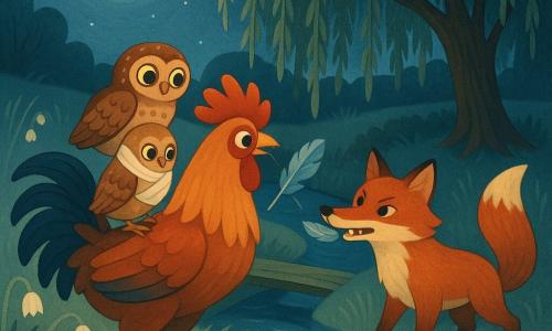 A proud, courageous rooster—determined and worried—with glossy red-orange feathers and a tall scarlet comb, wings slightly open, stands on a grassy bank holding a silver-blue feather in its beak; a small speckled brown owl, Orla, relieved but weak with a bandaged right wing, perches on the rooster’s back watching the feather. A red fox, sly then hesitant, with thick shiny fur and visible teeth, approaches a few steps away under the willow, holding the feather in its teeth or dropping it on the ground. The scene: a moonflower meadow of low silvery grass and white lantern-like flowers beside a narrow stream with a log footbridge and a willow whose branches touch the water, moonlight reflecting on the stream; a gentle nocturnal confrontation as the rooster protects a magical feather while the fox tried to take it, calm but tense in night-blue, silver, and warm red tones.