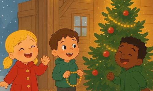 Drei Kinder: ein Mädchen, 5 Jahre, blond mit Zöpfen, roter Mantel mit goldenen Knöpfen, links an der Scheunentür, singt lächelnd und hebt eine Hand zum Tannenbaum; ein Junge, 5 Jahre, kurze braune Haare, grüner Mantel mit Kapuze, rechts, leicht nach vorn gelehnt, stampft im Takt und lacht; ein Junge, 6 Jahre, hellbraune Haare, blauweiß gestreifter Pullover, steht mittig hinten, hält eine kleine goldene Girlande und betrachtet den Tannenbaum staunend. Innenraum einer alten hellen Holzscheune mit sichtbaren Bohlen, Stroh auf dem Boden, kleinen frostigen Fenstern und warmen Lichterketten an den Balken, gemütliche Winterstimmung. Ein großer Weihnachtsbaum rechts in der Mitte mit dichten tiefgrünen Zweigen, leicht tanzend und goldenem Leuchten, roten Kugeln und funkelnden Girlanden; die Kinder singen und lächeln um den Baum, Schneeflocken sind durch die angelehnte Tür sichtbar, magische warme Atmosphäre.