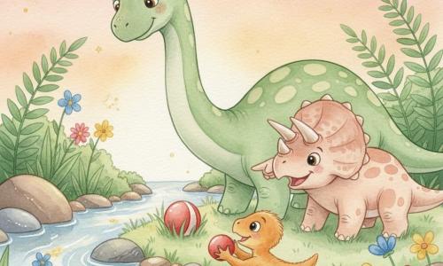 Dippy, a joyful, kind diplodocus with a long neck, green skin with pale spots and bright round eyes, leans toward a small red ball in the grass; Tilly, a friendly triceratops with a pink-beige frill and three shiny horns, smiles and nudges the ball with her snout beside Dippy; Benny, a lively three-year-old baby velociraptor with soft ochre feathers, jumps in the foreground to catch the ball; they’re by a sparkling stream among round rocks, tall emerald ferns and blue, yellow and pink flowers under a twilight orange-pink sky with a few stars and golden reflections on the water, cozy warm atmosphere, simple composition, pastel tones, delicate watercolor textures and white gel-pen highlights for reflections and smiles.