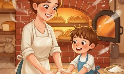 Una panadera sonriente y amable, cabello castaño en moño y delantal crema con harina, amasa una gran masa sobre una tabla de madera; a su lado, Tomás, un niño de unos 7 años con pelo castaño revuelto y pequeño delantal azul, la ayuda con las manos enharinadas y algo de harina en la nariz. Ella está a la izquierda detrás del mostrador de madera y él a la derecha, ligeramente adelantado, mirando la masa. Al fondo un horno de ladrillo abierto emite luz naranja y muestra panes dorados en estantes; el mostrador tiene sacos de harina abiertos, un rodillo y croissants. Nubes de harina flotan en el aire y hay pequeñas manchas en el suelo; la escena es acogedora, con colores cálidos y gestos de complicidad mientras amasan juntos.