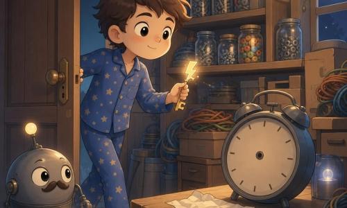 Un joven (Tomás), con los ojos brillantes y una sonrisa tímida, en pijama azul con estrellas, sostiene en la mano derecha una llave en forma de rayo y avanza de puntillas hacia una mesa de trabajo; a su izquierda, un pequeño robot metálico redondo (Lito) con bigotes dibujados rueda emitiendo una luz suave; el taller nocturno, cálido, tiene estanterías de madera con frascos de tornillos de colores, pilas de cajas, cables enrollados, una lámpara colgante cálida y una ventana que refleja la luna plateada; la escena muestra a Tomás abriendo la puerta del taller con la llave brillante frente a una mesa donde hay un gran reloj sin agujas y una nota arrugada, en un ambiente de descubrimiento y asombro.