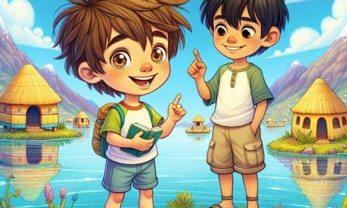 Un niño de 10 años, Matías, con cabello castaño desordenado y ojos brillantes de curiosidad, está en una isla flotante del lago Titicaca. Lleva una camiseta colorida y un short, sosteniendo un pequeño cuaderno en una mano y señalando una casa de totora con la otra. Su rostro expresa asombro y emoción. A su lado, Iñaki, otro niño de 10 años, con cabello negro y ojos oscuros, sonríe mientras sostiene una caña de pescar. Viste pantalones de tela y una camiseta sencilla, mostrando una actitud amigable. Ambos están al borde del agua, rodeados de plantas acuáticas. El paisaje es encantador: el lago brilla bajo el sol, montañas majestuosas se alzan en el horizonte y las islas flotantes coloridas están salpicadas de casas tradicionales. La escena muestra a Matías e Iñaki explorando juntos la isla, Matías maravillándose de la belleza de su entorno mientras Iñaki le explica las tradiciones de su pueblo.