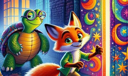 A small clever fox named Felix, with bright orange fur and curious shining eyes, stands bravely in front of a colorful magical door painted with star and moon patterns. His expression is determined and enthusiastic, with his fluffy tail raised behind him. Beside him is a wise old turtle named Theodore, with a shiny rainbow-colored shell and round glasses on his nose, watching with a kind smile, ready to support Felix in his adventure. The scene takes place in a dark alley of the city, where ancient brick buildings rise on either side, illuminated by the soft light of the moon. Shadows dance on the walls, creating a mysterious and magical atmosphere. Felix, defiantly, gently pushes the colorful door, ready to discover the enchanting world behind it, while Theodore stays back, observing closely, prepared to guide his young friend.