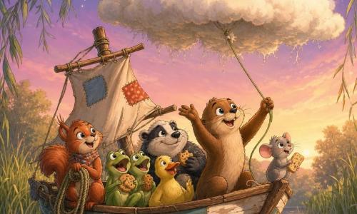 Hugo, eine fröhliche, schelmische anthropomorphe Otter mit glänzend braunem Fell, großen leuchtenden Augen und selbstbewusstem Lächeln, sitzt stolz in einem kleinen abgenutzten Holzboot und hält ein grünes Gummiband in der einen Pfote, die andere winkt er wie ein Kapitän; rechts von ihm steht die staunende graue Maus Max mit einer Brotscheibe. Das Boot Frieda, mit abgeblätterter Farbe und einer kleinen Patchworksegel, ist in der Mitte eines seidig spiegelnden Teichs befestigt an einem gespannten Gummiband, das in eine große, tiefhängende Bausteinnuance aus watteähnlichen Wolken führt und als schwebendes Picknick dient; auf dem linken Rand kichert das rote Eichhörnchen Ludmilla mit einer selbstgebastelten Schal und zusätzlichem Seil, während zwei singende grüne Frösche, eine neugierige gelbe Ente und ein pummelig lächelnder Dachs eng zusammengerückt Kekse teilen. Stimmung: zarter, witziger Ton, wiegendes Bewegungsgefühl, goldene Abendlichtflecken, violett-rosa Dämmerungshimmel, klare Formen, weiche Texturen.