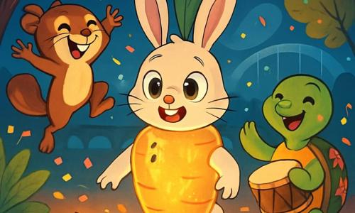 Tobia, un coniglio dal pelo bianco, con grandi occhi curiosi e un sorriso luminoso, si trova al centro della scena, indossando un costume di carota-palloncino che brilla. È eccitato e un po' nervoso, guardando intorno con meraviglia. Alla sua destra, Lulu, una tartaruga danzante con una carapace verde decorata con fiori colorati, danza felice, battendo il tempo con un tamburo di legno. A sinistra, Gedeone, un ghiro acrobata con pelliccia marrone, salta in aria facendo una pirouette, il suo volto è radioso. Lo scenario è un festival di carnevale con alberi scintillanti, luci multicolori e coriandoli nell'aria. Sullo sfondo si intravede il Ponte della Luna, illuminato da una luce argentea. La scena principale mostra Tobia e i suoi amici che scoprono un misterioso biglietto arcobaleno, con espressioni di eccitazione e curiosità, pronti per un'avventura alla ricerca di un tesoro segreto.
