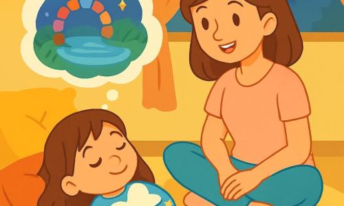 Una bambina di 4 anni, con lunghi capelli castani e occhi scintillanti di curiosità, è sdraiata su un tappeto morbido, con un sorriso sereno sul viso. Indossa un pigiama azzurro chiaro decorato con stelle dorate e tiene un peluche a forma di nuvola tra le braccia. Accanto a lei, la mamma, una donna di circa trent'anni con capelli castani e un dolce sorriso, è seduta a gambe incrociate, con le mani sulle ginocchia, e le racconta una storia. Indossa una maglietta pastello e pantaloni comodi, guardando la figlia con tenerezza. La scena si svolge in una camera accogliente, con pareti dipinte di colori tenui, cuscini morbidi e luci decorative che brillano dolcemente. Una finestra lascia entrare una luce soffusa, creando un'atmosfera rilassante. La bambina ascolta attentamente la mamma, con gli occhi chiusi, immaginando sogni colorati, mentre la mamma le parla di un cerchio di pietre magiche e di uno specchio d'acqua scintillante, avvolgendola in un cocoon di dolcezza e serenità.