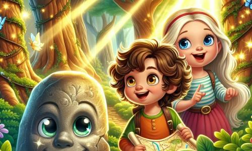 In una foresta incantata, tre piccoli avventurieri si trovano insieme. Leo, un bambino di quattro anni con capelli ricci e un grande sorriso, tiene una mappa magica tra le mani, gli occhi brillanti di eccitazione. Alla sua destra, Mia, una ragazza dagli occhi blu come il cielo, con lunghi capelli biondi, guarda la mappa con curiosità, un sorriso gioioso sul volto. A sinistra, Sam, un ragazzo curioso con un cappello a forma di stella, si piega leggermente in avanti, pronto ad ascoltare le istruzioni di Leo. La foresta è piena di alberi maestosi e foglie verdi brillanti, mentre i raggi di sole filtrano tra il fogliame, creando riflessi dorati sul terreno. Fiori colorati e farfalle danzano attorno a loro, aggiungendo un tocco di magia all'ambiente. I tre amici si preparano a risolvere l'enigma della pietra parlante, un grande masso brillante con occhi e bocca, pronto a porre loro una sfida. L'atmosfera è carica di entusiasmo e avventura, mentre si apprestano a scoprire il tesoro nascosto dell'amicizia.