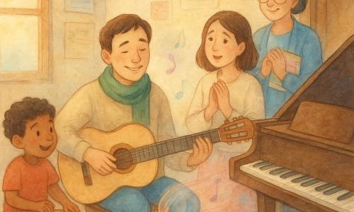 Un hombre, Manuel, sonriente y emocionado, con la mano sobre una guitarra de madera clara, postura atenta, cabello castaño corto y bufanda verde con una nota bordada, sentado junto a un piano de cola abierto; una mujer, Clara, unos 30 años, rostro luminoso y ojos húmedos de gratitud, de pie a la derecha con las manos sobre el pecho mirando la música; Rosa, profesora de unos 55 años, cabello entrecano recogido, gafas y cuaderno de partituras coloridas bajo el brazo, sonriendo junto a una puerta detrás del piano; un niño de unos 8 años con zapatillas rojas marcando el ritmo en una pequeña caja de madera a la izquierda; ambiente de pequeño conservatorio cálido con paredes de madera y partituras, grandes ventanas que dejan entrar luz dorada de tarde, alfombra gastada y sillas dispersas; la melodía une a los personajes en una escena íntima y luminosa con notas visibles en volutas acuareladas saliendo de la guitarra y el piano, tonos pastel cálidos y texturas difuminadas propias de la acuarela.