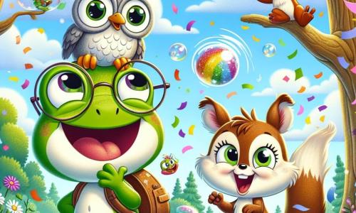 Rufus, una pequeña rana verde con grandes ojos redondos y gafas, se ríe a carcajadas con las patas levantadas, al lado de su máquina de reír que está rebosante de confeti de colores. A su lado, Sara, una adorable ardilla de pelaje marrón y ojos brillantes, salta alegremente tratando de atrapar burbujas de jabón que flotan a su alrededor. Simón, un sabio búho de plumas grises y gafas redondas, está posado en una rama, riendo mientras observa el divertido caos que ocurre debajo. La escena tiene lugar en un claro encantado del bosque, rodeado de majestuosos árboles con hojas brillantes y flores coloridas que bailan al ritmo del viento. El cielo es de un azul radiante, salpicado de algunas nubes blancas esponjosas, y un arcoíris brilla sobre la fiesta. La situación principal muestra a Rufus y sus amigos en plena celebración, rodeados de confeti y burbujas, riendo y divirtiéndose juntos, creando un ambiente alegre y mágico.