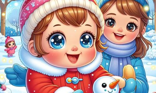 Una bambina di un anno, con grandi occhi brillanti e guance rosa, indossa un bel cappotto rosso, guanti blu e un berretto giallo. Ride gioiosamente mentre gioca nella neve, le sue piccole mani illuminate dalla felicità mentre forma una palla di neve. Accanto a lei, la mamma, una donna di circa trent'anni con capelli castani raccolti in uno chignon e un cappotto blu, sorride mentre lancia una palla di neve, incoraggiando la figlia a continuare a giocare. Il luogo è un parco invernale, con alberi coperti di neve scintillante e fiocchi che cadono dolcemente da un cielo azzurro. Il terreno è completamente bianco, creando un paesaggio incantevole. La scena principale mostra la bambina e la mamma mentre costruiscono un grande pupazzo di neve, con una carota per il naso e sassi per gli occhi, ridendo insieme e condividendo un momento di gioia in questo scenario invernale magico.