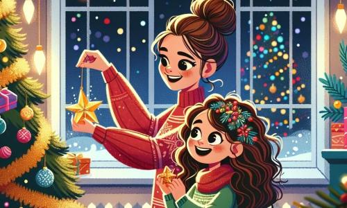 Ein 5-jähriges Mädchen mit langen, lockigen braunen Haaren und großen, funkelnden Augen dekoriert einen wunderschönen Weihnachtsbaum. Sie lächelt begeistert und hält eine goldene Stern-Weihnachtskugel in den Händen. Neben ihr steht ihre Mutter, eine Frau in ihren dreißigern mit braunen, hochgesteckten Haaren und einem festlichen roten Pullover, die ihr hilft, glitzernde Girlanden an den Ästen des Baumes zu befestigen. Der Raum ist warm und gemütlich, gefüllt mit bunten Lichtern und Weihnachtsdekorationen. Ein großer Baum steht im Mittelpunkt, umgeben von schön verpackten Geschenken. Durch das Fenster sieht man sanft fallende Schneeflocken, die eine magische Atmosphäre schaffen. Die Hauptsituation zeigt das Mädchen und ihre Mutter, die einen fröhlichen Moment teilen, lachen und sich über die Dekorationen freuen, während der süße Duft von Weihnachtsplätzchen in der Luft liegt.