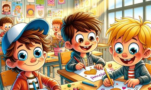 In een heldere en kleurrijke klaslokaal zitten drie jongens rond een houten tafel. Timmy, een 5-jarig jongetje met wild bruin haar en sprankelende ogen, houdt een papier vast versierd met tekeningen van pannenkoeken en harten. Rechts van hem zit Max, een 6-jarige jongen met een achterstevoren blauwe pet, die glimlacht terwijl hij zijn eigen creatie met een grappig gezicht laat zien. Links zit Sam, een 5-jarige jongen met blond haar en ronde bril, die enthousiast op een papier vol felle kleuren schrijft. De ruimte is gevuld met zonlicht dat door grote ramen naar binnen stroomt, en verlicht kleurrijke posters aan de muren. Kleurpotloden, stiften en vellen papier liggen verspreid over de tafel, wat een vrolijke en creatieve sfeer creëert. De jongens zijn bezig met het maken van brieven voor Moederdag, waarbij ieder zijn liefde voor zijn mama uitdrukt met tekeningen en lieve woorden. De sfeer is vol gelach en opwinding, terwijl ze hun ideeën delen en elkaar helpen om de mooiste verrassingen voor hun mama's te maken.