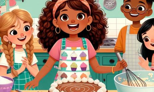 Luna, een negenjarig meisje met prachtige krullende haren en een stralende glimlach, staat in het midden van de keuken, omringd door haar vrienden. Ze draagt een kleurr apron met cupcakes. Rechts van haar kijkt Sam, een jongen met bruin haar en een bril, nieuwsgierig naar een grote kom met cakebeslag. Links van haar houdt Mia, een meisje met gevlochten blond haar, een spatel vast en lacht vrolijk, terwijl Noor, een ander meisje met roze brillen en zwart haar, aandachtig naar een taart in de oven kijkt. De keuken is licht en uitnodigend, met pastelgele muren en planken vol kookboeken en kleurrijke specerijpotten. Een groot houten aanrecht is bedekt met ingrediënten: bloem, cacao, eieren en taartdecoraties. Luna en haar vrienden bereiden samen een heerlijke glutenvrije chocoladetaart, wat laat zien dat je plezier kunt hebben en samen kunt koken, zelfs met voedseluitdagingen.