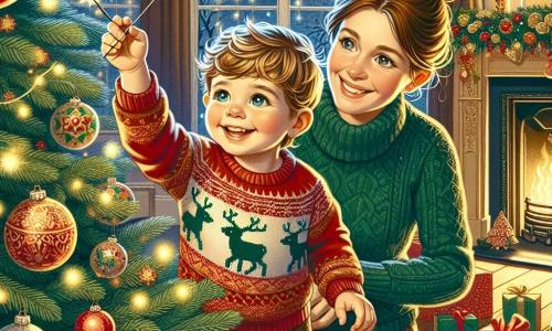 Ein einjähriger Junge mit großen, strahlenden Augen und einem breiten Lächeln schmückt einen Weihnachtsbaum. Er trägt einen roten Pullover mit Rentiermotiven und eine Weihnachtsmütze. Seine kleinen Hände reichen eine glänzende Weihnachtskugel zu einem Ast des Baumes. Neben ihm sitzt seine Mutter, eine etwa 30-jährige Frau mit braunen, zu einem Dutt gebundenen Haaren. Sie lächelt liebevoll, während sie ihm hilft, die Dekorationen aufzuhängen. Sie trägt einen festlichen grünen Pullover und kniet sich neben den Baum, umgeben von glitzernden Girlanden. Der Raum ist warm und voller funkelnder Lichter und bunter Dekorationen. Der majestätische Baum ist mit roten, grünen und goldenen Kugeln geschmückt und hat einen glänzenden Stern an der Spitze. Wunderschön verpackte Geschenke liegen um den Baum, und ein Kamin knistert sanft im Hintergrund. Die Hauptsituation zeigt den kleinen Jungen und seine Mutter, die gemeinsam die Magie von Weihnachten feiern, voller Freude und Aufregung, während sie zusammen ihren Baum dekorieren und unvergessliche Erinnerungen schaffen.