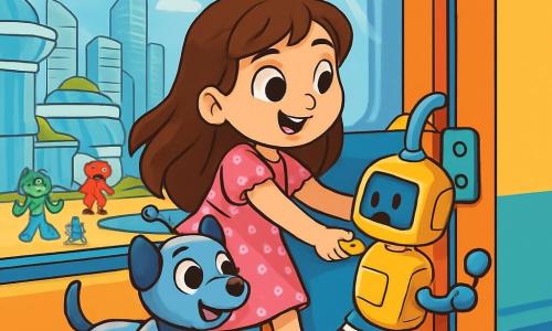A 6-year-old girl named Maya, with long brown hair and sparkling curious eyes, joyfully stands in a floating train. She wears a pink polka dot dress and shiny shoes, her face expressing excitement and determination. Beside her is a small robot dog, Zippy, with a shiny metal body and bright eyes, wagging its tail enthusiastically. The train is decorated in vibrant colors, with panoramic windows offering a view of a futuristic city below, filled with sparkling glass buildings and hanging gardens. Colorful robots bustle in the streets, assisting passersby. The main scene shows Maya and Zippy helping a small cleaning robot stuck in the train door. Maya gently pulls on the robot while Zippy presses a button with his nose, creating an atmosphere of teamwork and camaraderie in this futuristic world.