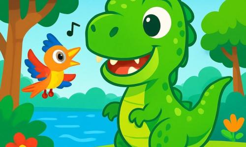 Um Tyrannosaurus Rex chamado Titi, com pele verde brilhante e escamas reluzentes, está alegremente à beira de um lago cintilante. Seus grandes olhos redondos estão cheios de excitação e um largo sorriso revela seus pequenos dentes. Ao lado dele, um pequeno pássaro-dinossauro de penas multicoloridas, com um ar curioso, voa ao redor de Titi, cantando alegremente. Ao fundo, uma floresta exuberante com árvores gigantes de folhas verdes e flores vibrantes se estende sob um céu azul claro. Titi, pronto para a aventura, olha para o lago sonhando com jogos e descobertas.