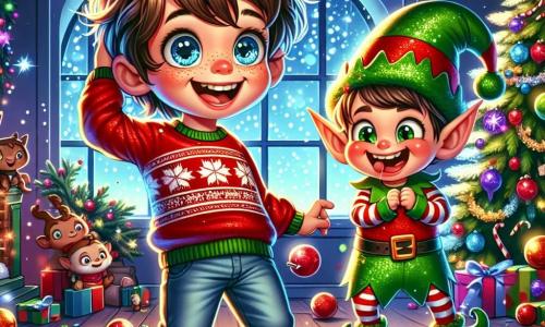 An 8-year-old boy with messy brown hair and sparkling mischievous eyes stands at the center of the scene, a wide smile on his face and cheeks flushed with excitement. He wears a red sweater with snowflake patterns and jeans. Next to him, a mischievous elf with pointed ears, dressed in a shiny green outfit and a cone-shaped hat, laughs while waving a colorful candy cane. In the background, a majestic Christmas tree, adorned with sparkling garlands and multicolored ornaments, lights up the room. The floor is covered with colorful wrapping paper and small toys, while a twinkling string of lights hangs above them. The scene depicts the boy and the elf preparing fun pranks for Christmas, filled with laughter and a joyful festive atmosphere.