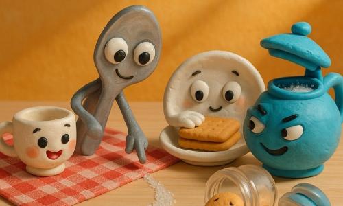 A shiny metal spoon turned into a character with big round black eyes, a curious smile, leaning forward as if tracking something, one hand pointing at the floor; a small round porcelain cup with painted rosy cheeks and an excited expression to the spoon’s left; a flat white plate with gentle worried eyes near stacked cookies, one hand on a cookie as if protecting; a tiny chubby cookie crumb with a sleepy yawning face lying by a glass cookie jar; a round blue teapot with its lid ajar and a mischievous look, white sugar grains sparkling inside; light wood table with a red-checkered cloth, warm diagonal sunlight, a transparent cookie jar and a trail of sparkling sugar grains leading to the open teapot; main scene: all characters follow the sugar trail to the teapot, joyful atmosphere, bright colors and visible clay-like textures, simple centered composition for toddlers