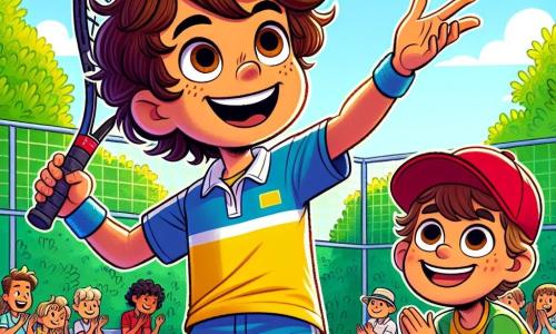 Un ragazzo di 12 anni, Marco, è al centro dell'immagine, con capelli castani disordinati e un grande sorriso sul volto, esprimendo gioia e determinazione. Indossa un abbigliamento da tennis colorato, con pantaloni corti blu e una maglietta gialla, tenendo una racchetta da tennis in una mano e una pallina nell'altra, pronto a servire. Accanto a lui, il suo amico Luca, anch'egli di 12 anni, ha capelli castani e indossa un cappellino rosso. Lo incoraggia con entusiasmo, alzando le braccia in segno di sostegno. Lo sfondo è un campo da tennis all'aperto, circondato da alberi verdi e un cielo blu brillante, con spettatori seduti su panchine che applaudono. La scena principale mostra Marco pronto a servire la pallina per un importante match, con un'espressione di concentrazione sul volto, mentre l'eccitazione e l'energia del torneo si diffondono nell'aria.