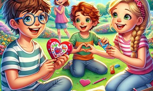In een zonnig park zijn vier kinderen samengekomen om Valentijnsdag te vieren. Tim, een tienjarig jongetje met rommelig bruin haar en een bril, zit op het gras met een grote glimlach en houdt een versierd papieren hart vast. Sofie, een negenjarig meisje met lang blond haar en sprankelende ogen, staat voor hem met haar handen op haar hart, verwonderd door de verrassing. Emma, een tienjarig meisje met rood haar en vlechten, staat naast Tim en tekent kleurrijke harten op een groot papier. Luuk, een negenjarig jongetje met kastanjebruin haar en een gestreept t-shirt, lacht terwijl hij een pak koekjes vasthoudt dat hij net aan een vriendin heeft gegeven. Het park is gevuld met kleurrijke bloemen, groene bomen en een stralende blauwe lucht, wat een vrolijke en feestelijke sfeer creëert. Op de achtergrond spelen en lachen andere kinderen, wat bijdraagt aan de feestelijke sfeer. De hoofdscène toont Tim die zijn hart aan Sofie aanbiedt, terwijl Emma en Luuk ernaast plezier hebben, wat de magie van vriendschap en gedeelde liefde op deze mooie Valentijnsdag illustreert.