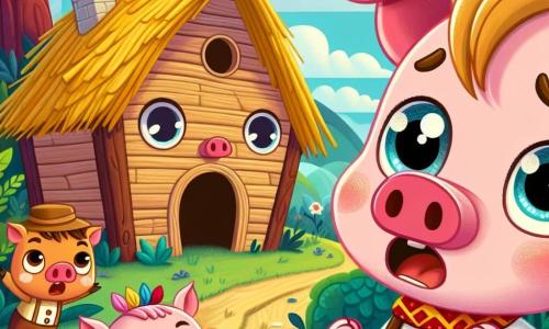 No centro da imagem, Pipo, um pequeno porquinho rosa com olhos brilhantes e bochechas redondas, expressa grande medo com suas orelhas em pé e boca aberta em um grito. Ele está diante de sua frágil casa de palha, que já está começando a voar com o vento. À sua direita, Lila, uma porquinha de pelos dourados e olhos travessos, observa com preocupação, suas patas levantadas como se quisesse proteger seu irmão. Ela usa um pequeno avental colorido, cheio de lápis e pincéis, e parece pronta para agir. Ao fundo, Tico, um porco robusto com listras marrons, se mantém firme diante da casa de madeira, com as patas fincadas no chão, exibindo uma expressão determinada. Ele grita palavras de incentivo para Pipo e Lila, pronto para defender seus amigos. O cenário é uma floresta encantada, com árvores de troncos largos e folhas de um verde vibrante, enquanto flores coloridas salpicam o chão. O céu é azul com algumas nuvens brancas fofas, acrescentando um toque de magia à cena. A situação principal mostra Pipo, Lila e Tico unidos diante do lobo ameaçador que se aproxima, pronto para soprar a casa de Pipo. O vento sopra forte, e a tensão é palpável, enquanto os três porquinhos se preparam para defender sua amizade e segurança.